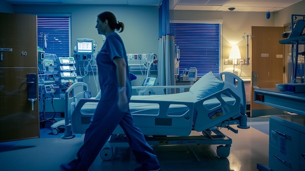 Photo a woman walks in a hospital room with a hospital bed