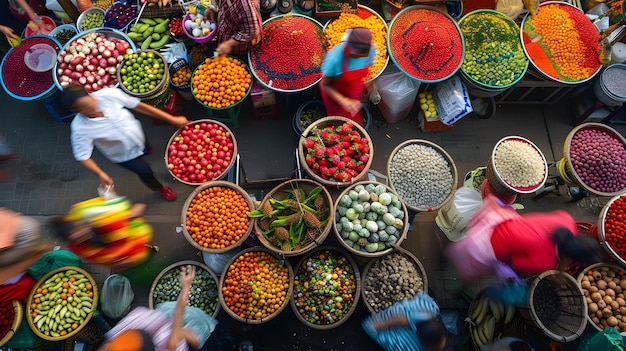 a woman walks past baskets of vegetables and fruits