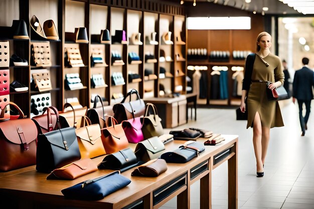 A woman walks past a store with a woman looking at a bag.