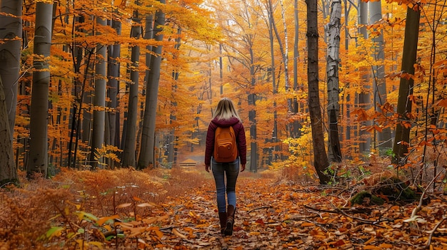 Woman walks on a path through a forest with golden autumn leaves