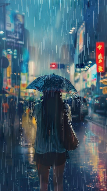 a woman walks in the rain with an umbrella