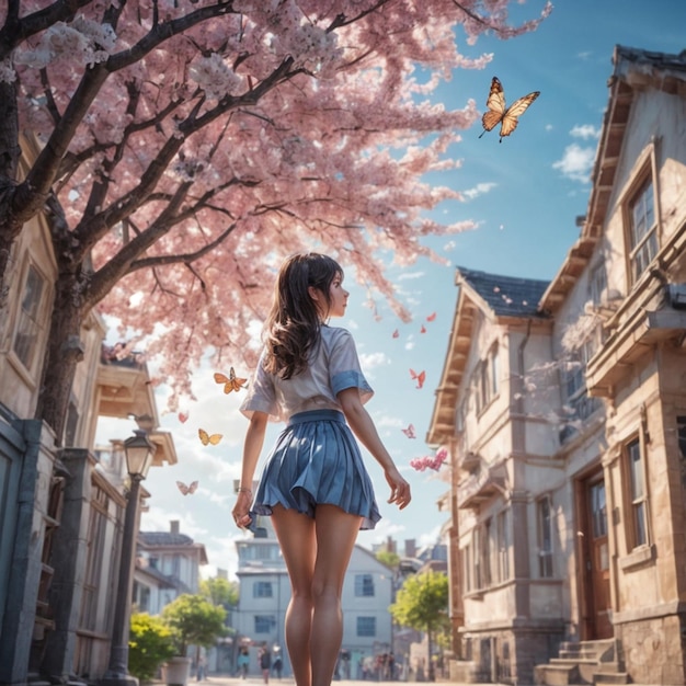 Woman walks in sakura butterfly flies overhead