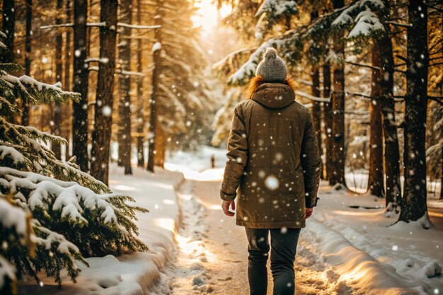 a woman walks in the snow in winter