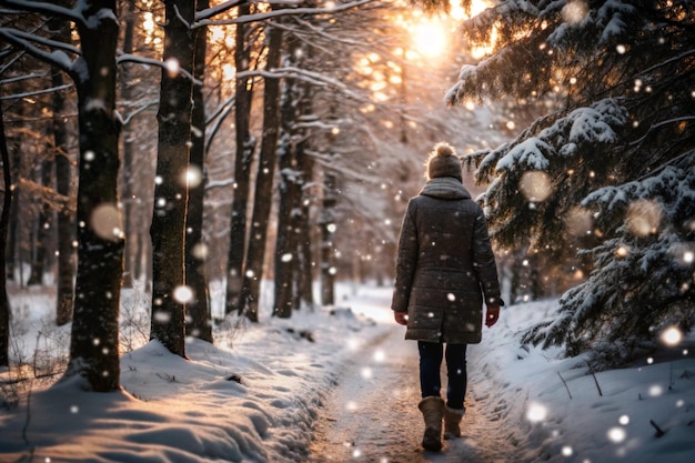 a woman walks in a snowy forest with the sun shining through the trees