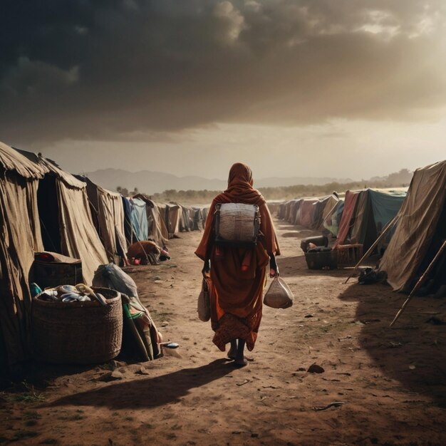 a woman walks through a camp with a bag on her back