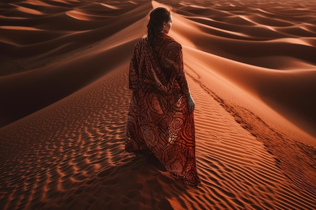 A woman walks through the desert with the sun shining on her dress.