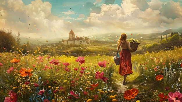 a woman walks through a field of flowers with a building in the background