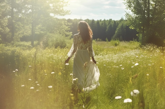 A woman walks through a field of flowers