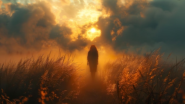 Photo a woman walks through a field of grass with the sun behind her