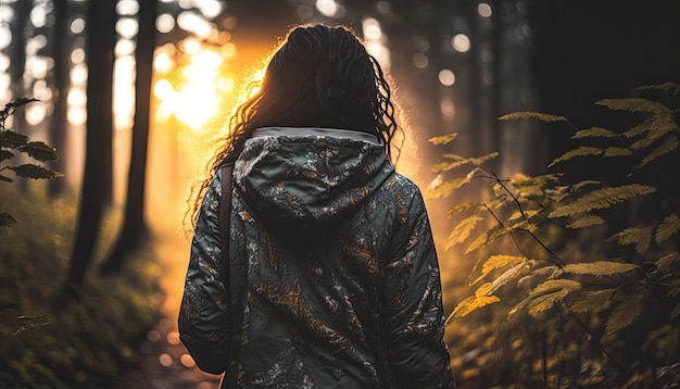 A woman walks through a forest with the sun shining on her jacket.