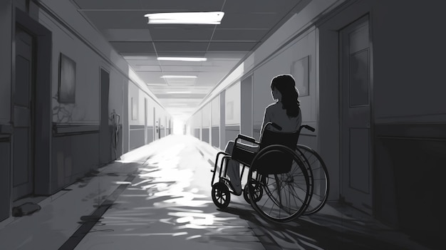 A woman walks through a hospital corridor