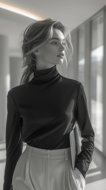 Photo a woman walks through a minimalist indoor space in elegant attire during daylight