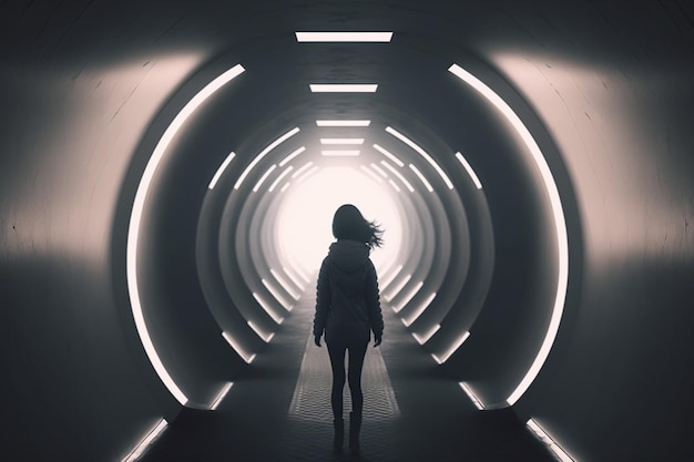 A woman walks through a tunnel with the light at the end