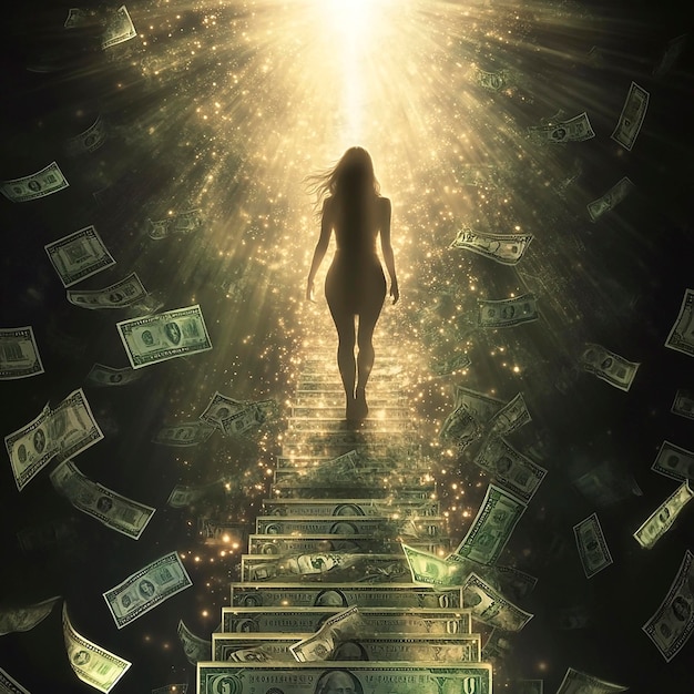 Photo a woman walks toward the light on a ladder with a lot of bills on it