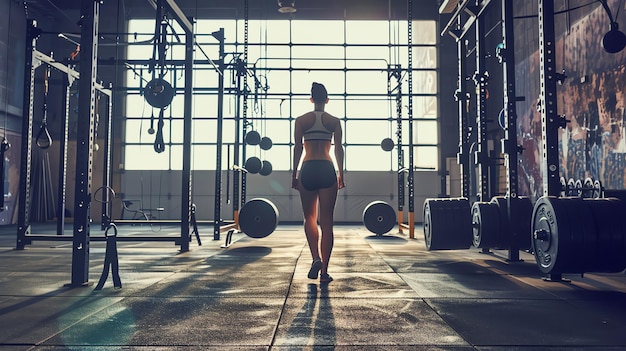 A woman walks towards the camera in a gym the sun is shining through the windows