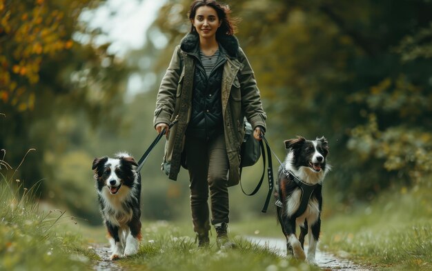 A Woman Walks Two Border Collies Through an Autumnal Forest