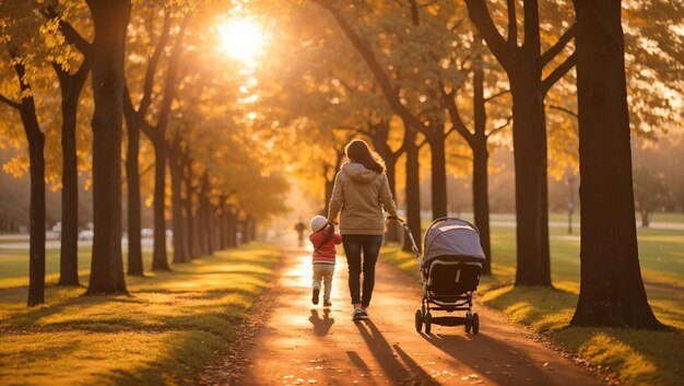 Photo a woman walks with a baby in a stroller in a park with the sun shining through the trees