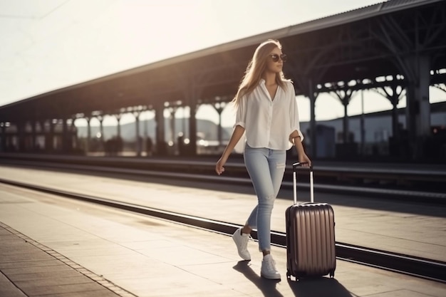 A woman walks with a suitcase on a train platform.