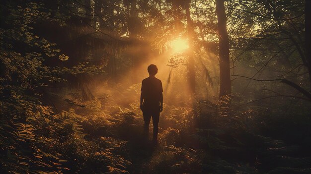 a woman walks in the woods with the sun behind her back