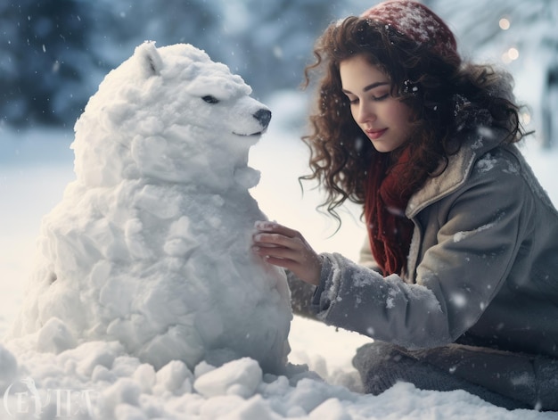 Woman in warm clothes scarf and hatsnowbear in winter