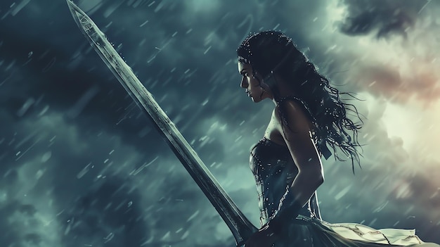 A woman warrior stands with a sword in a stormy setting