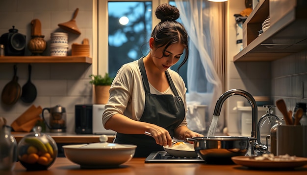 A woman washes dishes at night in a cozy kitchen with dedication and a calm attitude isolated with