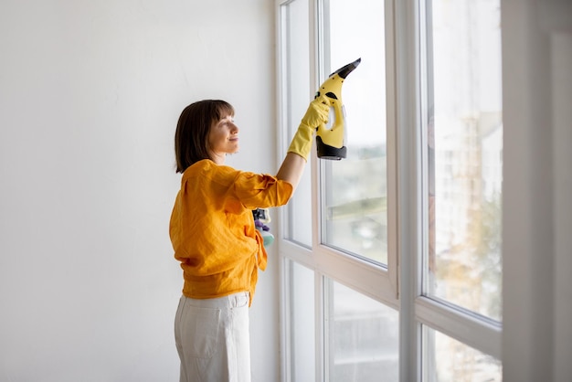 Woman washes window in apartment