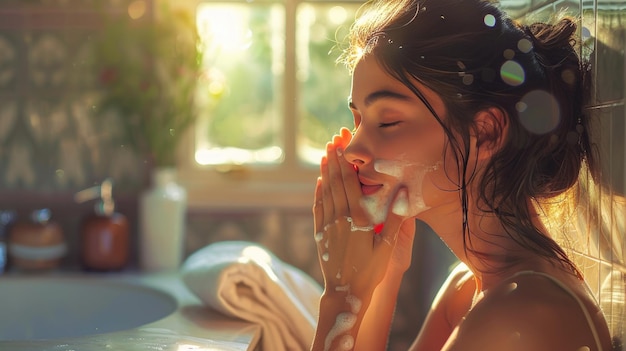 Woman Washing Face in Sunlit Bathroom with Bubbles Relaxing Morning Skincare Routine