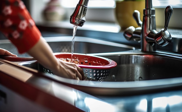 Woman washing fruits and vegetables with her hand in the sink