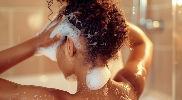 Woman Washing Hair with Shampoo in a Sunlit Bathroom