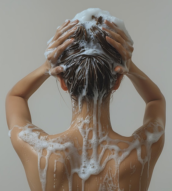 woman washing her hair with shampoo