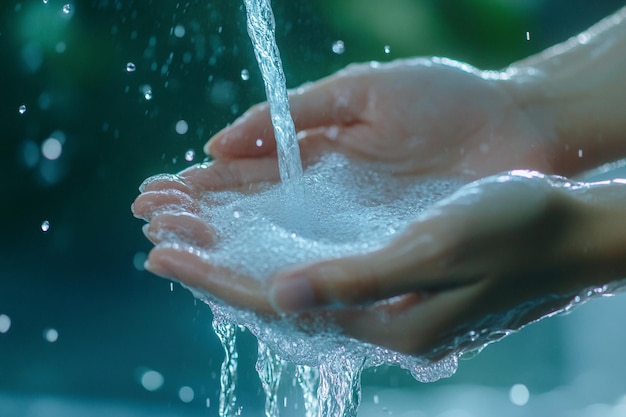 a woman washing her hands with water splashing in the background