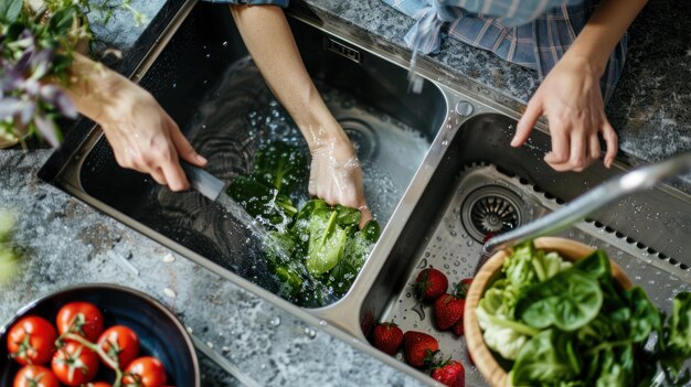 Photo woman washing spinach and strawberries in kitchen sink