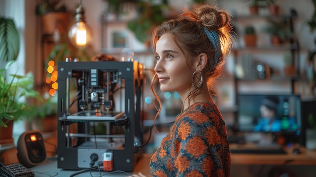 Woman Watching 3D Printer Operation in Home Office