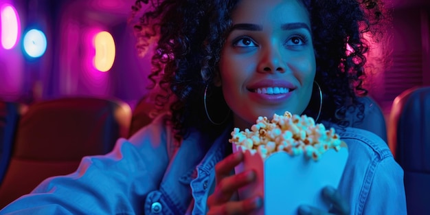 woman watching movie in cinema eating popcorn ai generated