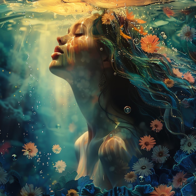 Photo a woman in the water with flowers and the words  mermaid  on the bottom