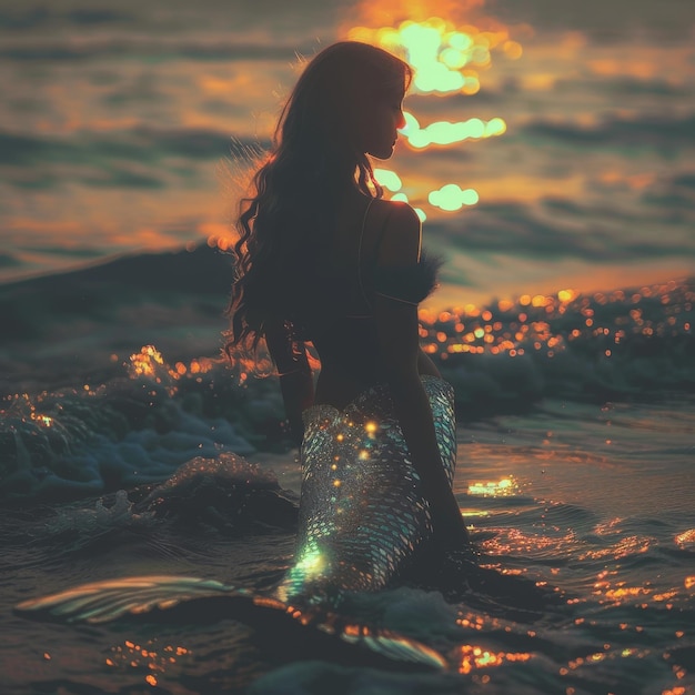 a woman in the water with a glowing sun behind her