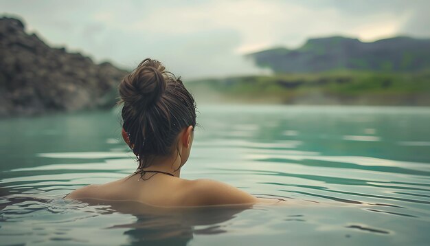 a woman in the water with mountains in the background