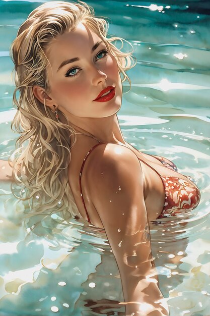 a woman in the water with a red lips and a gold bikini