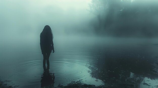 Photo a woman in the water with a silhouette of her head in the water