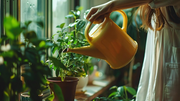 Photo a woman watering a plant with a yellow pitcher that says  pot  on it