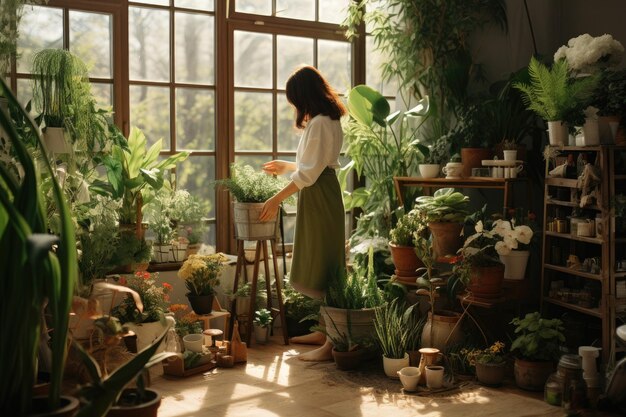 A woman watering plants in a greenhouse.