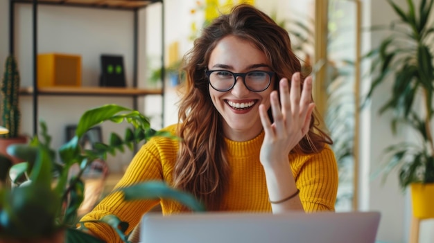 Photo woman waving during video call