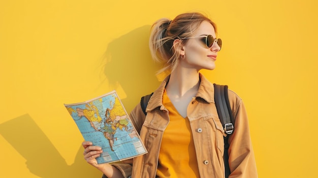 Photo woman wear backpack and hold map travel day concept yellow background