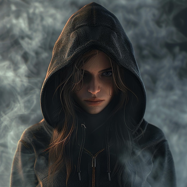 Photo a woman wear hood with a smoky back ground