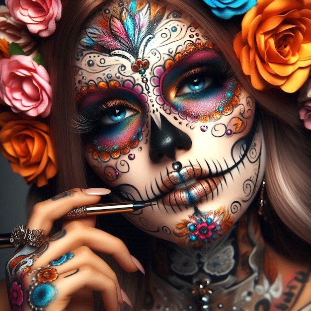 A woman wear make up and dress in skull Day of the Dead background