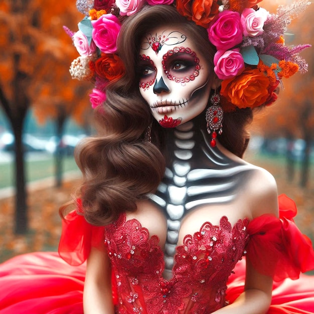 A woman wear make up and dress in skull Day of the Dead