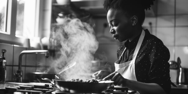 Photo a woman wearing an apron cooks food on a stove great for use as a background image or illustration