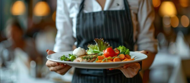 Photo a woman wearing an apron is holding a plate of food