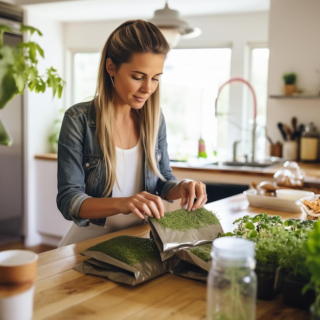 Photo woman wearing apron packing microgreens at home